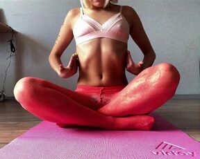 Yoga Quarantine Workout in Peach Shiny Pantyhose