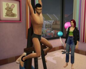 Two lesbians tie up and tickle a boy