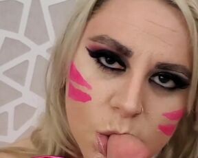 Chubby blonde in Dva bunny cosplay on her knees sucking cock